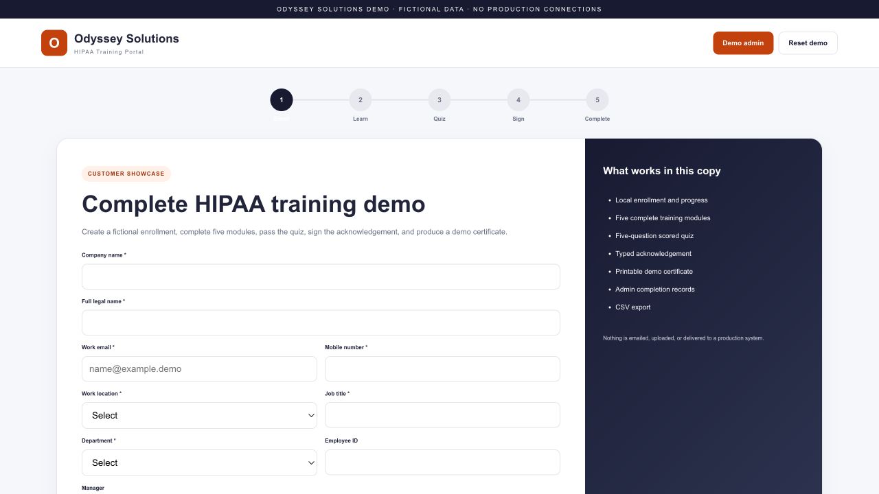 Odyssey HIPAA Training portal enrollment screen