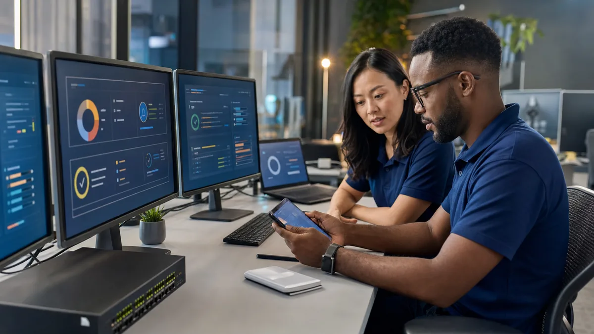IT specialists reviewing patching and computer maintenance status across business workstations