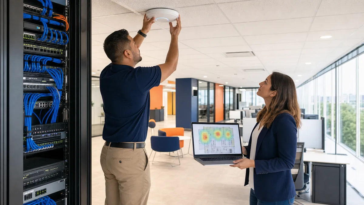 Technician installing business Wi-Fi in a Houston office