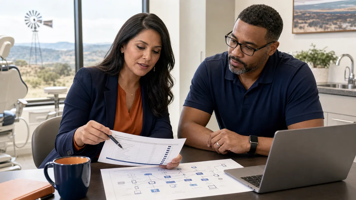 Dental practice manager and IT consultant reviewing a HIPAA incident response plan