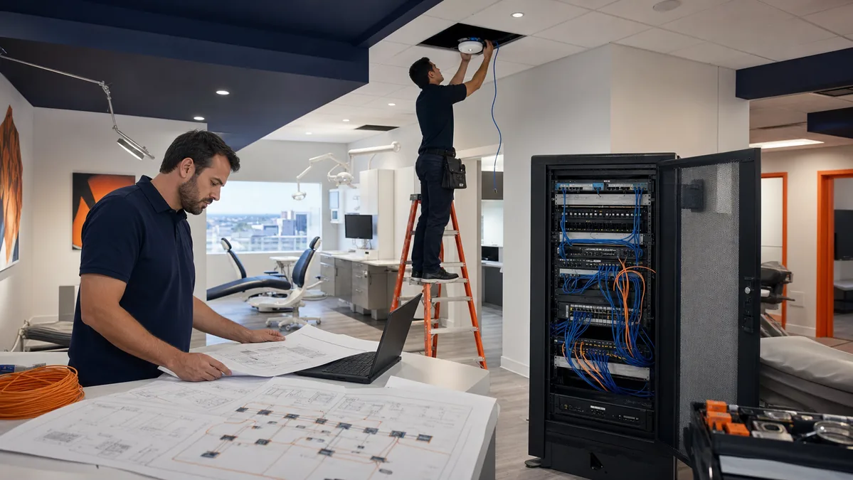 IT engineers installing technology in a new dental office