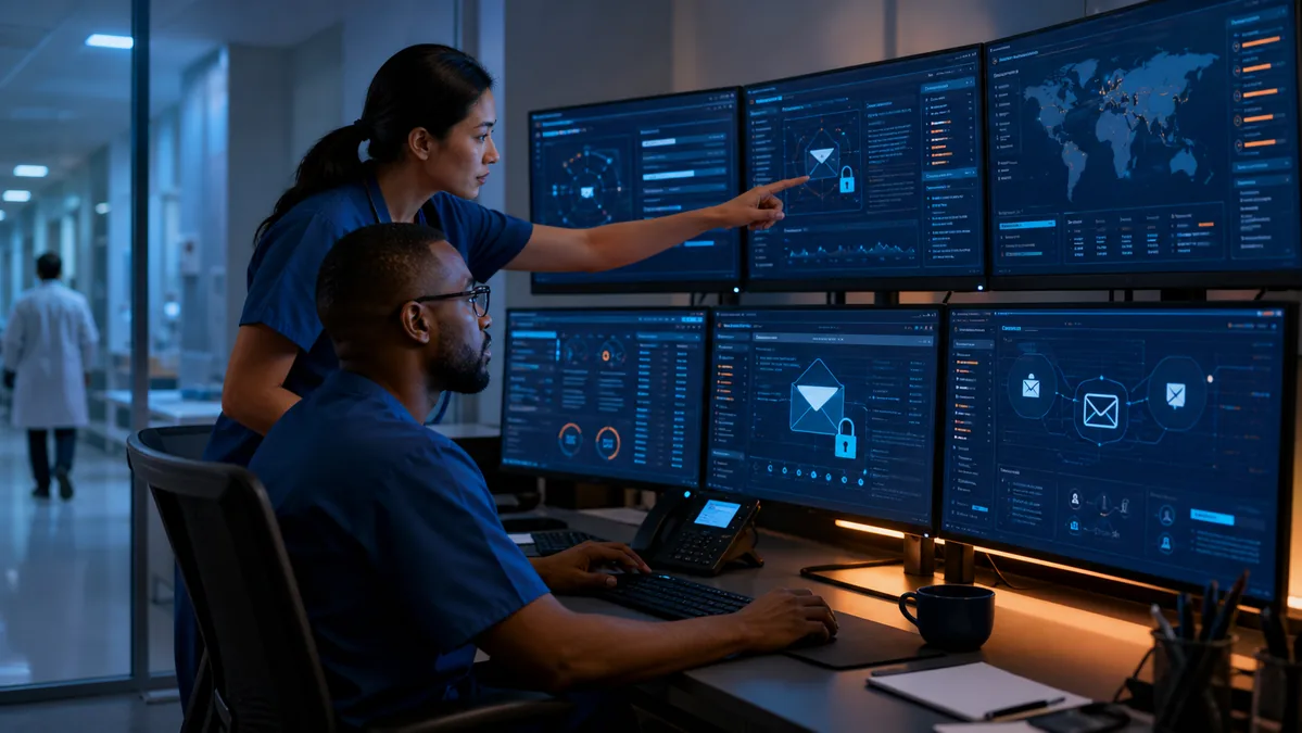 Healthcare security professionals reviewing email phishing defenses and authentication controls
