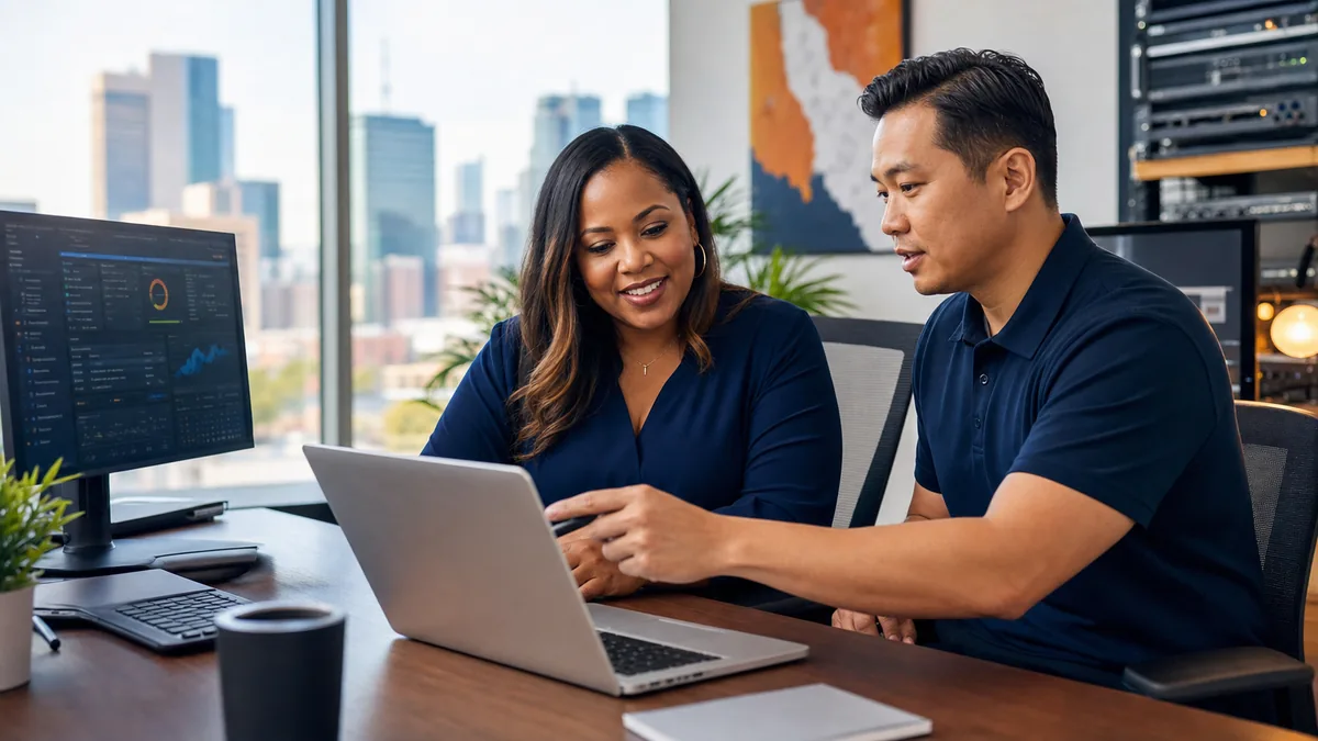 Houston business owner reviewing an IT support plan with a specialist