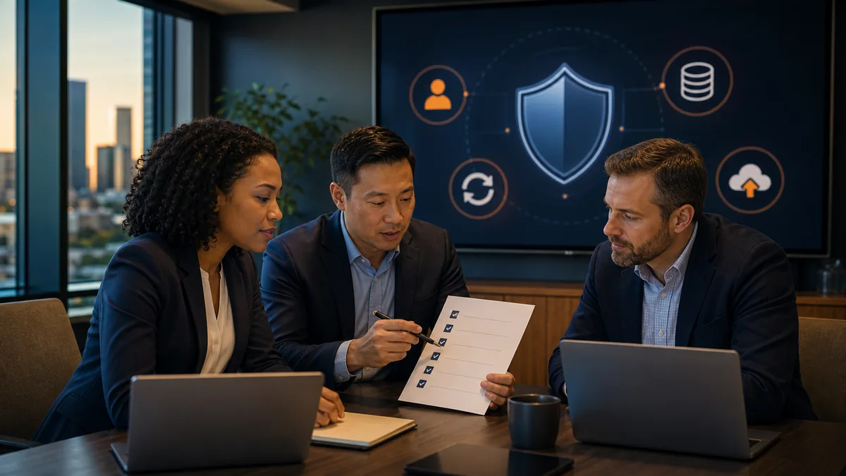 Small business team reviewing cybersecurity priorities